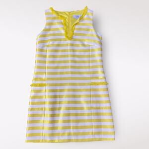 Badgley Mischka Belle Bright Yellow White Stripe Fringe Trim Sheath Dress Size 2